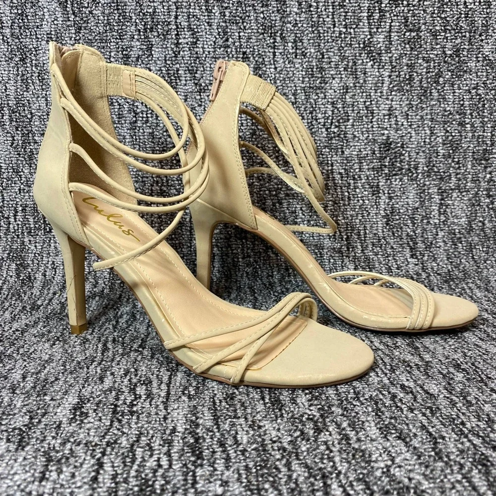 Lulus Strappy Stiletto Sandals Womens 6 Beige‎ Vegan Leather Dress Shoes